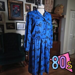 Vintage 80s Carriage Court Blue Black Floral‎ Button Up Long Sleeve Midi Dress